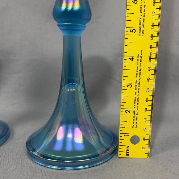 Vtg Central Glass Works Iridescent Blue Stretch Trumpet Candlestick Holders Glow - Picture 16 of 16
